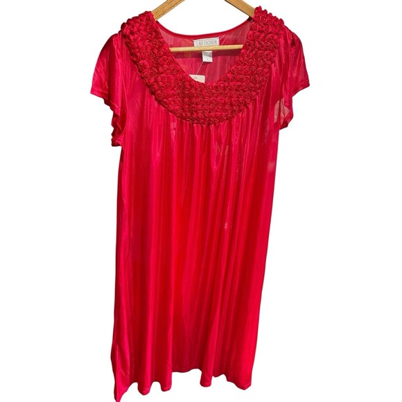 NOS Vintage Nightgown Red Medium Rosette Full Length Short Sleeve Cottagecore - Picture 1 of 6